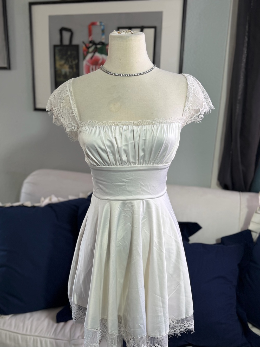 Vintage Style White Lace-Trim Short Dress